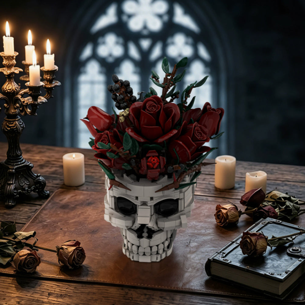 Gothic Skull Red Rose Bouquet Building Block Set