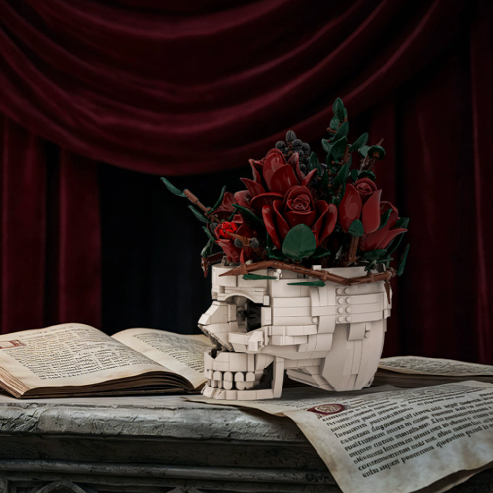 Gothic Skull Red Rose Bouquet Building Block Set