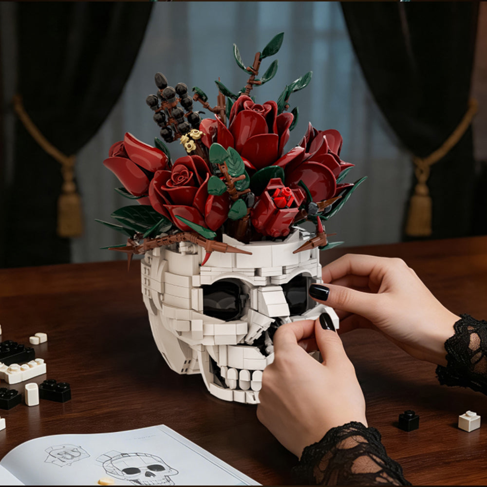 Gothic Skull Red Rose Bouquet Building Block Set