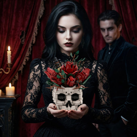 Gothic Skull Red Rose Bouquet Building Block Set
