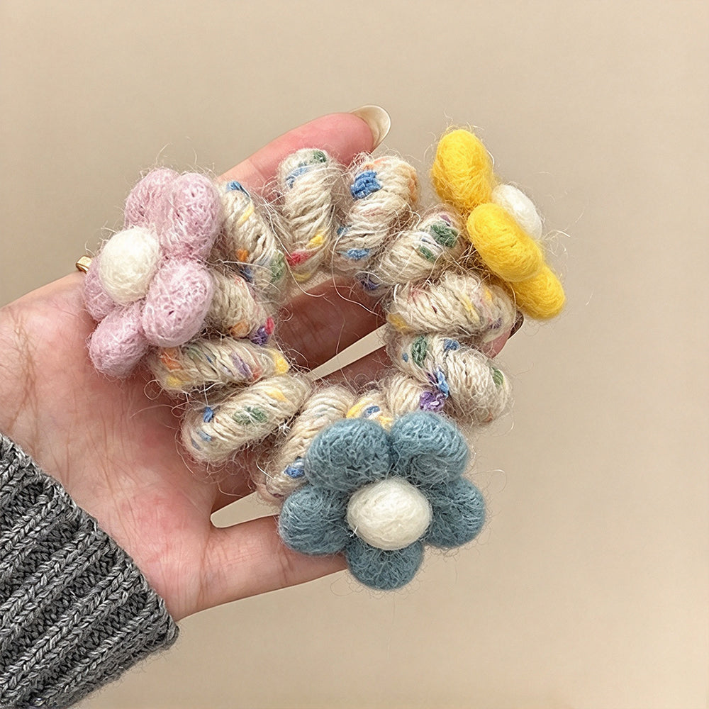 Wool Felt Flower Telephone Cord Scrunchie