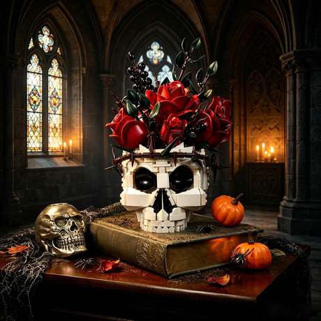 Gothic Skull Red Rose Bouquet Building Block Set