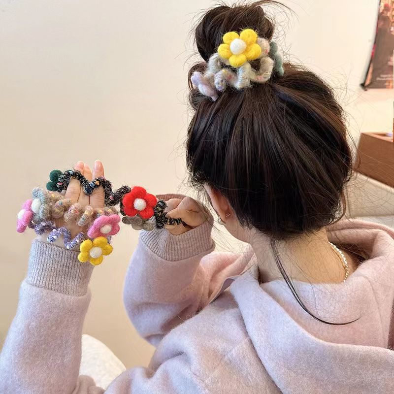Wool Felt Flower Telephone Cord Scrunchie