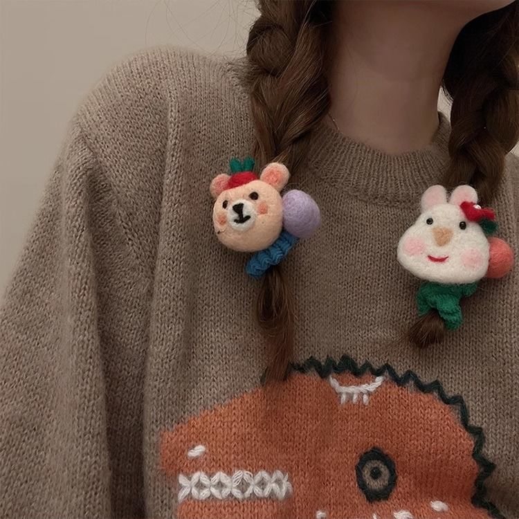 Wool Felt Cartoon Bunny High-Stretch Scrunchie