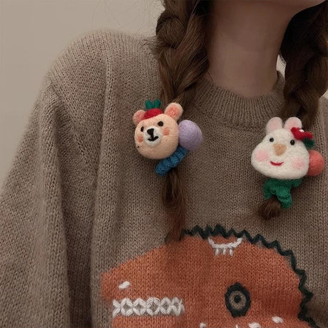 Wool Felt Cartoon Bunny High-Stretch Scrunchie